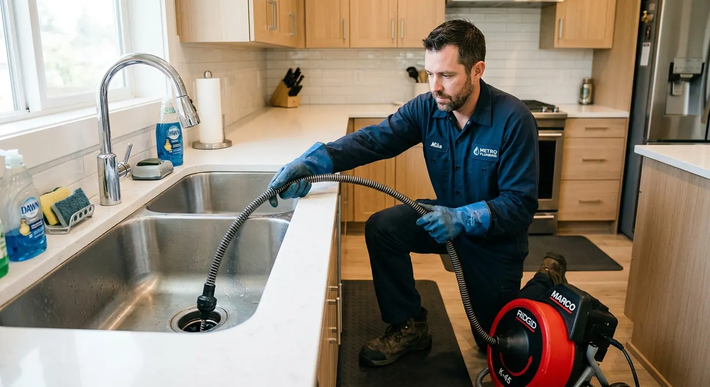 Drain cleaning technician using a motorized snake on a kitchen sink in Schaghticoke