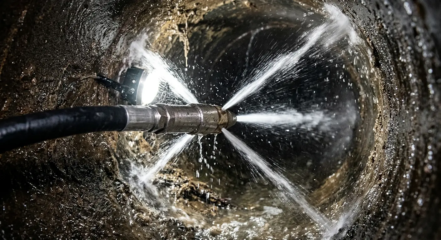 High-pressure hydro jetting nozzle cleaning sewer pipe for Sewer Cleanout in Schaghticoke