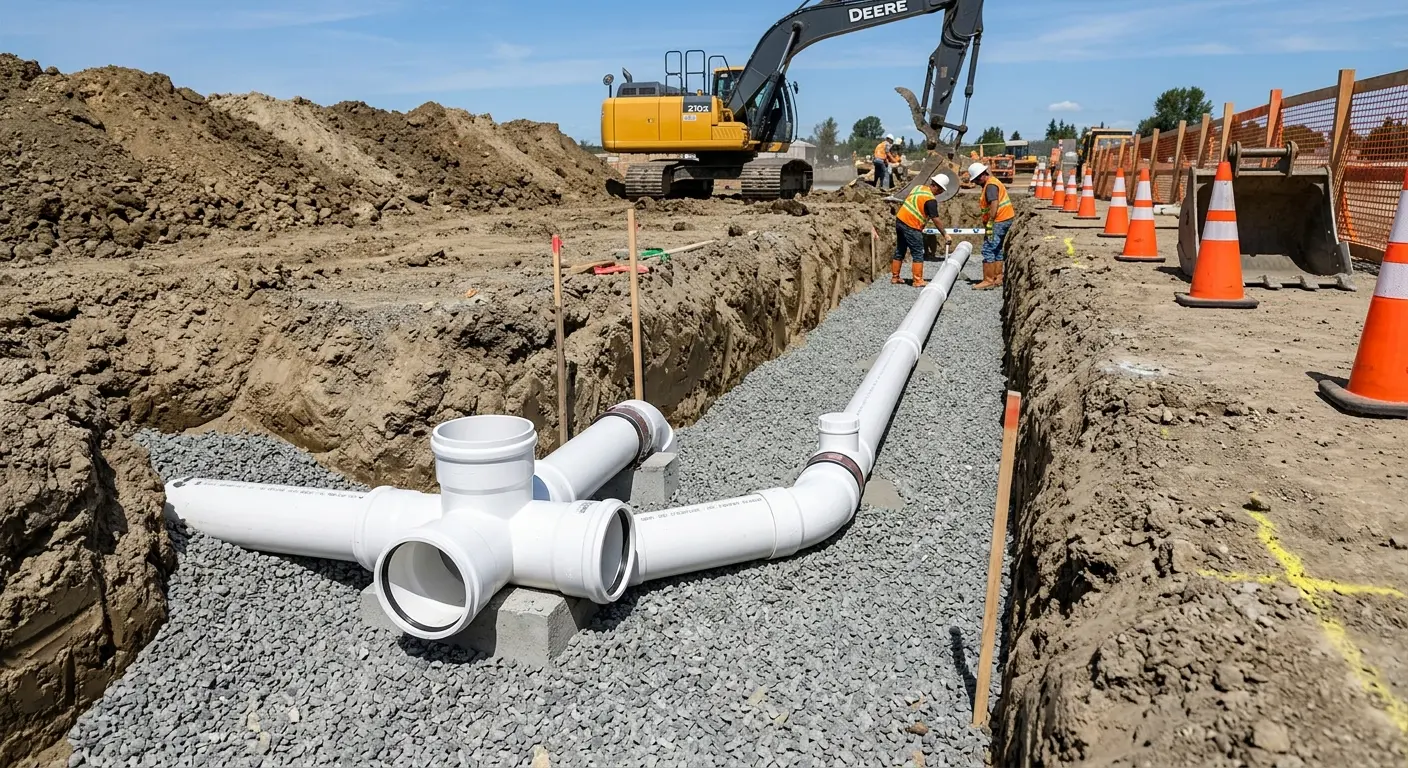 New PVC sewer pipe installation in open trench for Commercial Drain Cleaning in Schaghticoke